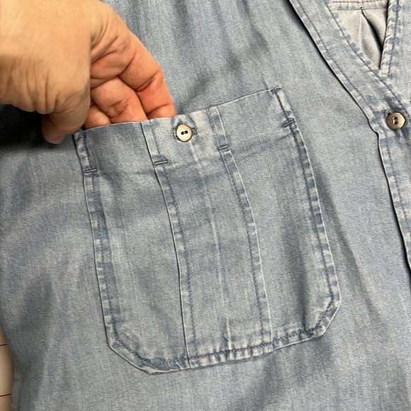 ZARA Denim Chambray V-Neck Tab SLV Tencel Casual Boho Office Boyfriend Shirt M - Picture 5 of 16